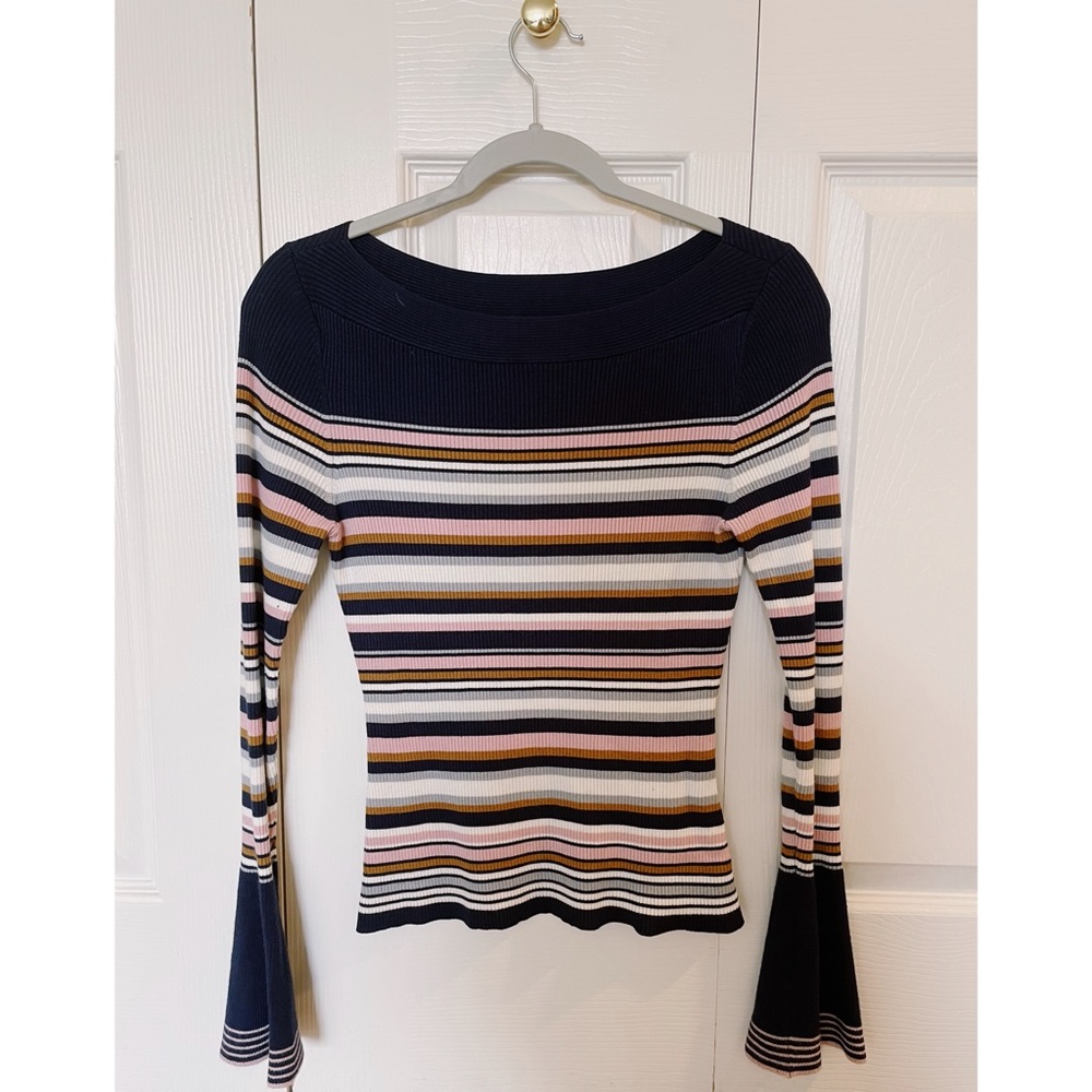 Stretchy Striped Knit Sweater with Ruffle Sleeves